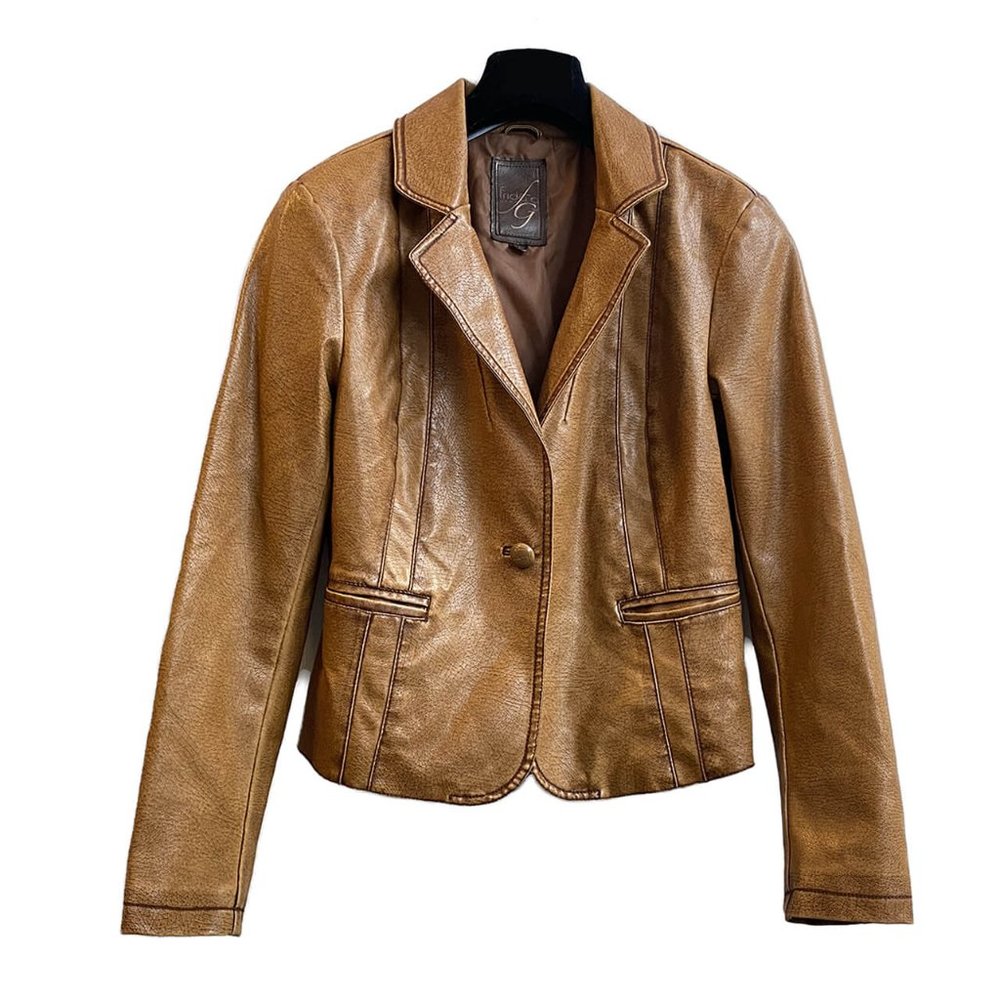 Frida G London Caramel Color One Button Synthetic Leather Blazer Jacket, Size M